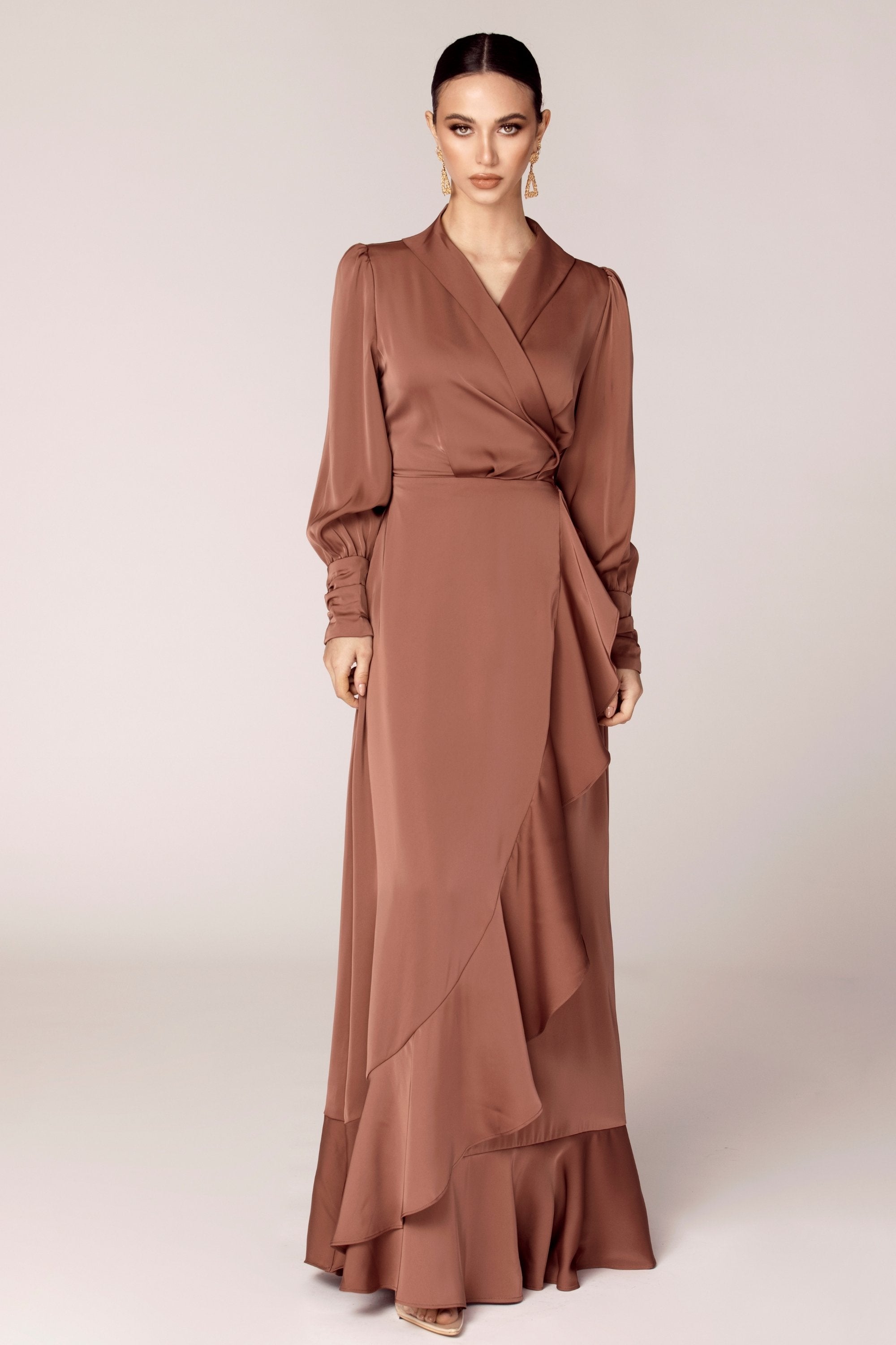 Shereen Wrap Front Satin Maxi Dress - Pecan